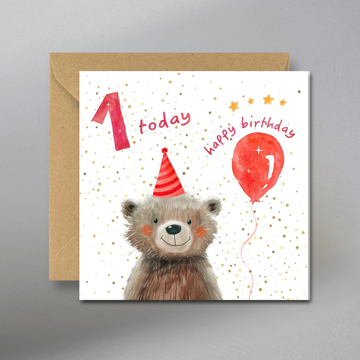 1 Today Birthday Card, 1st Birthday Card - Main Front View with Kraft Envelope