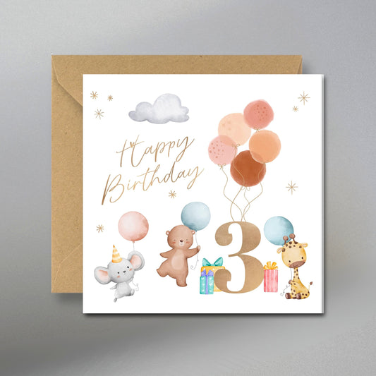 3rd Balloons Birthday Card - Main Front View with Kraft Envelope