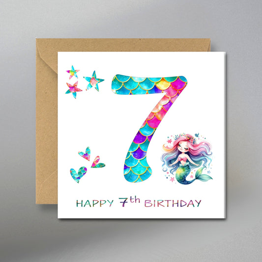 Mermaid 7th Birthday Card - Main Front View with Kraft Envelope