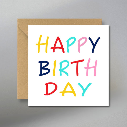 Colorful “Happy Birthday” Card - Main Front View with Kraft Envelope