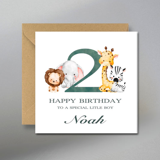 Safari Animal 2nd Birthday Card - Main Front View with Kraft Envelope