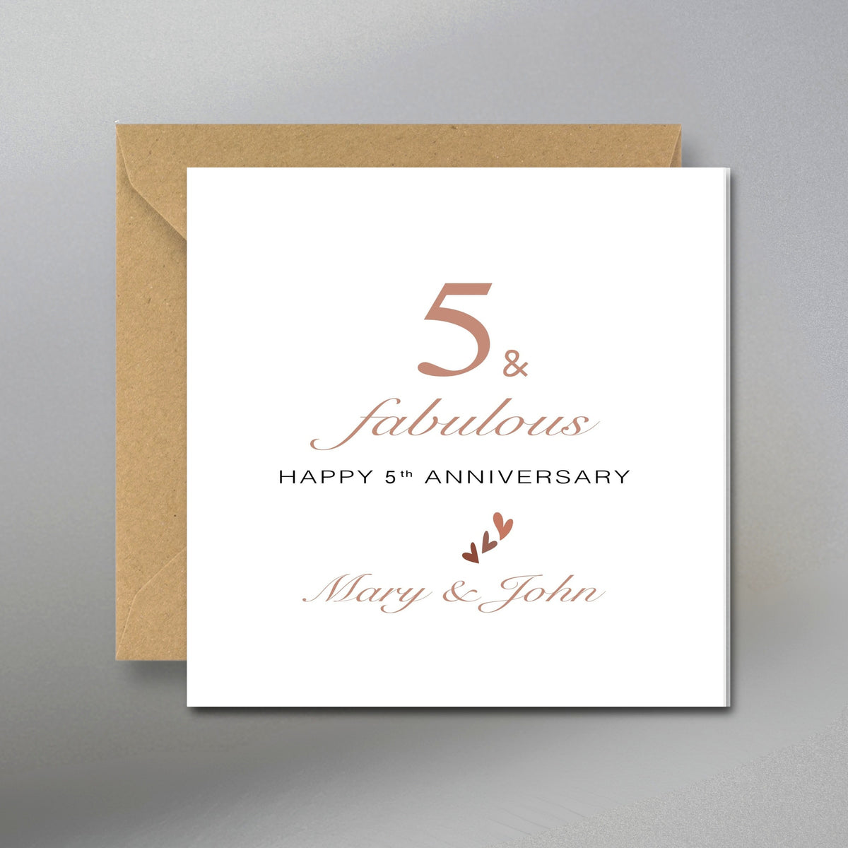 Personalized 5th Happy Anniversary Card - Main Front View with Kraft Envelope