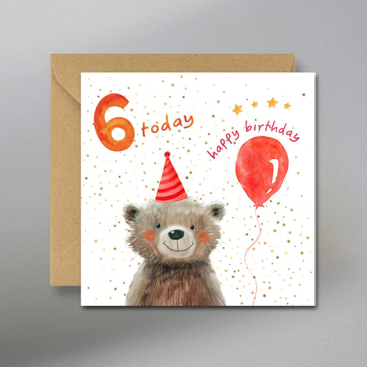 6 Today Birthday Card, 6th Birthday Card - Main Front View with Kraft Envelope