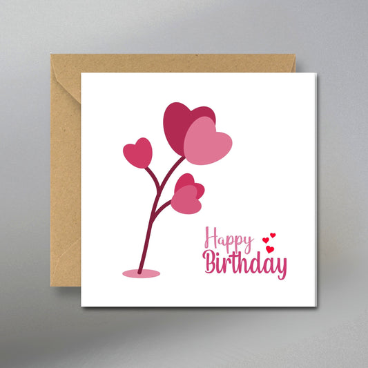 Heart Flower Birthday Card - Main Front View with Kraft Envelope