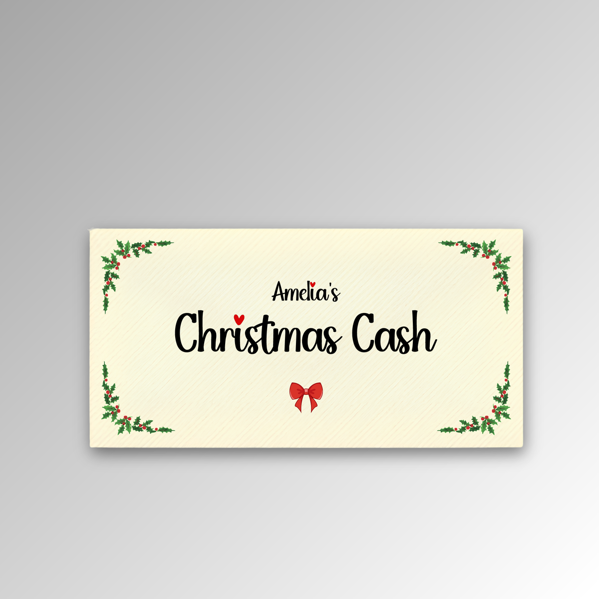 Ivory DL Christmas cash envelope, single front with Amelia's print