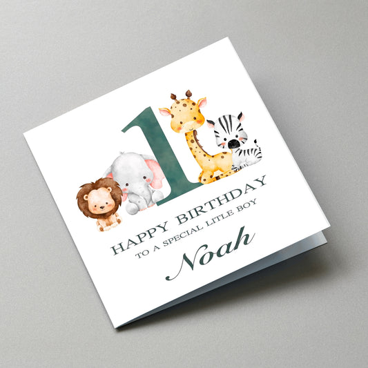 Safari Animal 1st Birthday Card - Angled Card View
