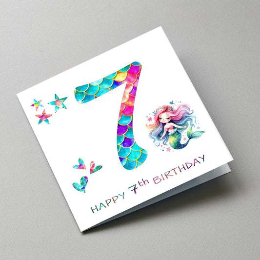 Mermaid 7th Birthday Card - Angled Card View