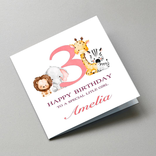 Safari Animal 3rd Birthday Card - Angled Card View