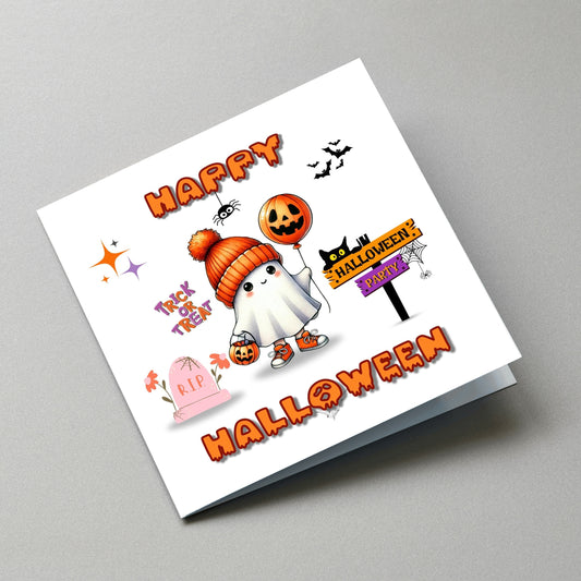 Happy Halloween Card, Ghost, Pumpkin, Trick or Treat, Handmade Greeting Card with 120gsm Light Grey Envelope & 2 Gift Tags, Premium Quality - Angled Card View