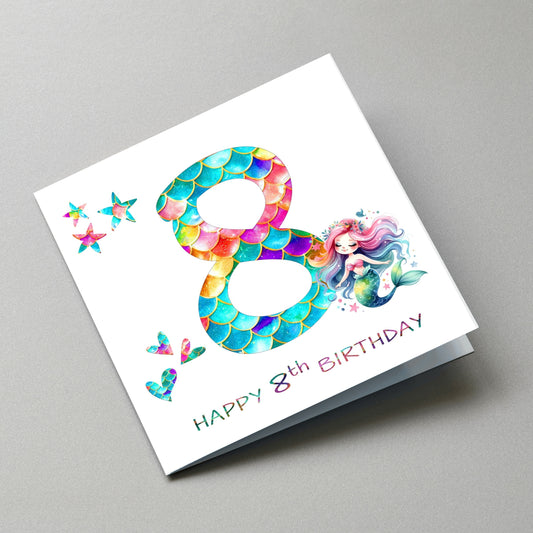 Mermaid 8th Birthday Card - Angled Card View