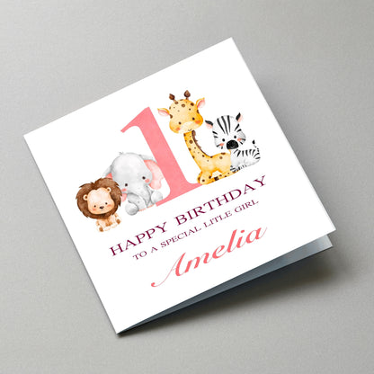 Safari Animal 1st Birthday Card - Angled Card View