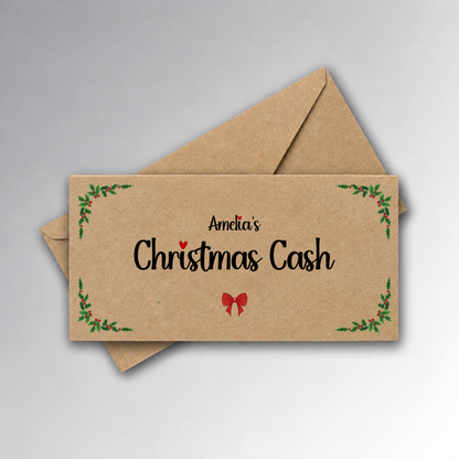 Kraft DL Christmas cash envelopes, front and pointed flap back, Amelia's print