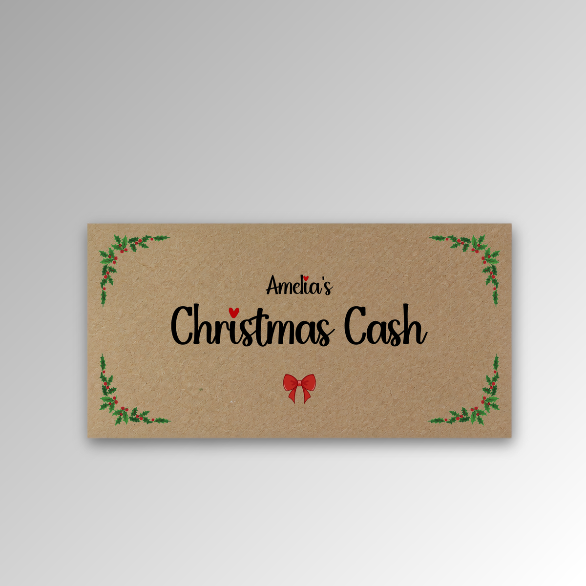 Kraft DL Christmas cash envelope, single front with Amelia's print