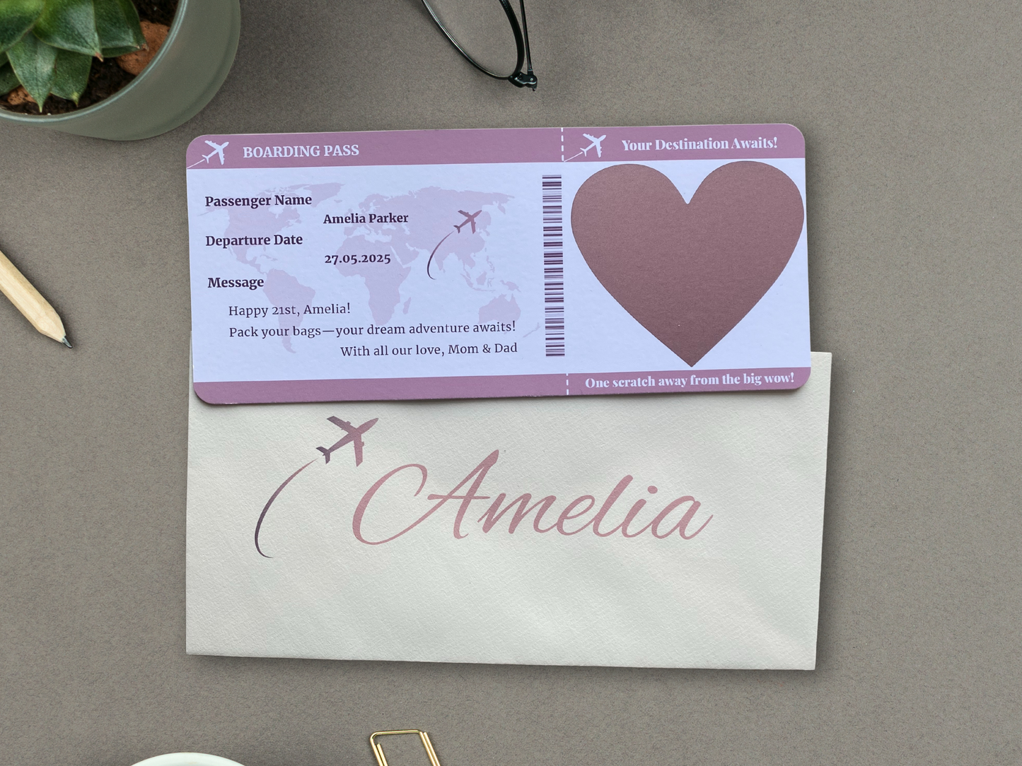 Personalised Scratch Off Boarding Pass Ticket, Scratch Reveal Holiday Gift