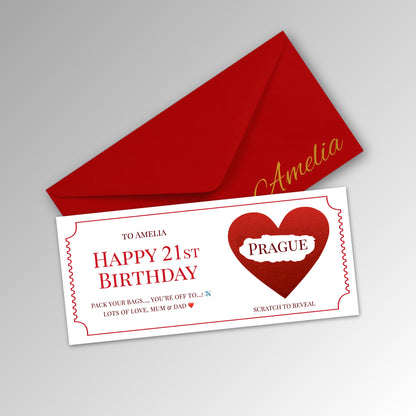Personalised Birthday Scratch Reveal Ticket with Envelope Options - Classic Red Envelope with RED Card (With Name)