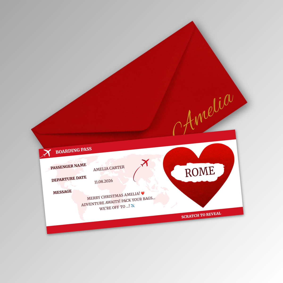 Personalised Boarding Pass Scratch Reveal Card - Classic Red Envelope with RED Card (With Name)