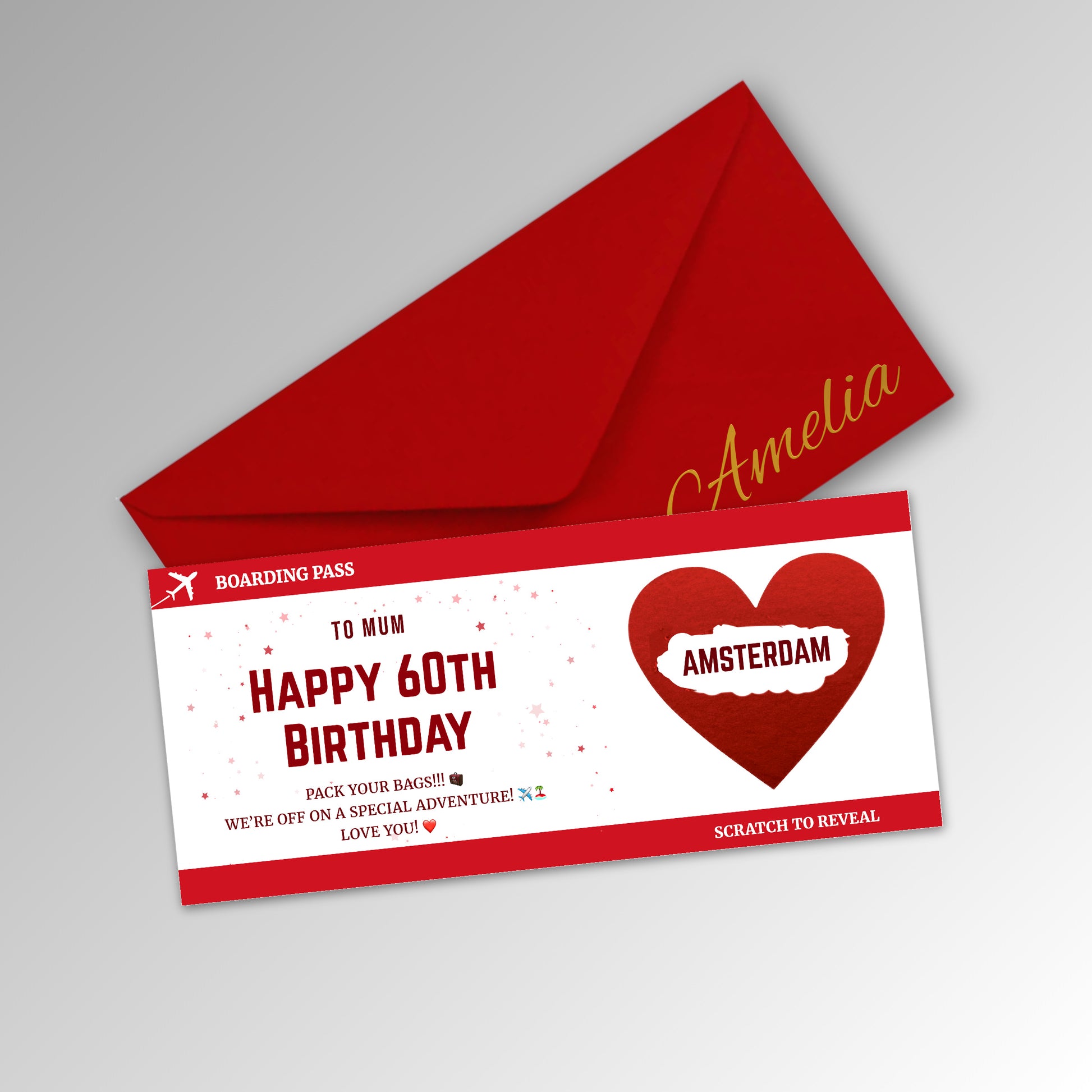 Personalised Birthday Boarding Pass Scratch Reveal Card - Classic Red Envelope with RED Card (With Name)