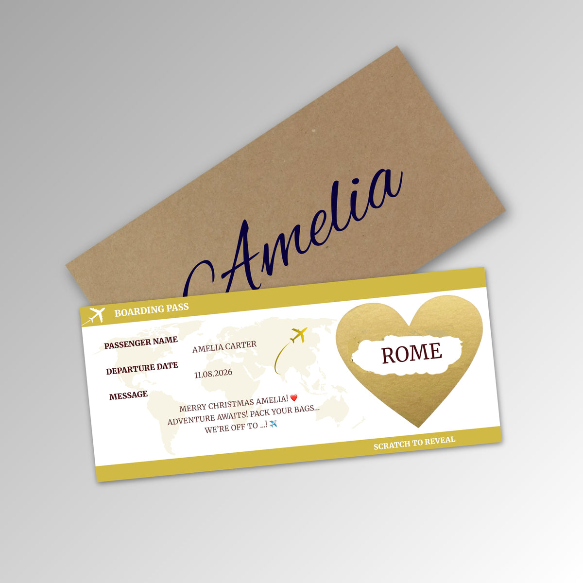 Personalised Boarding Pass Scratch Reveal Card - Classic Kraft Envelope with GOLD Card (With Name)
