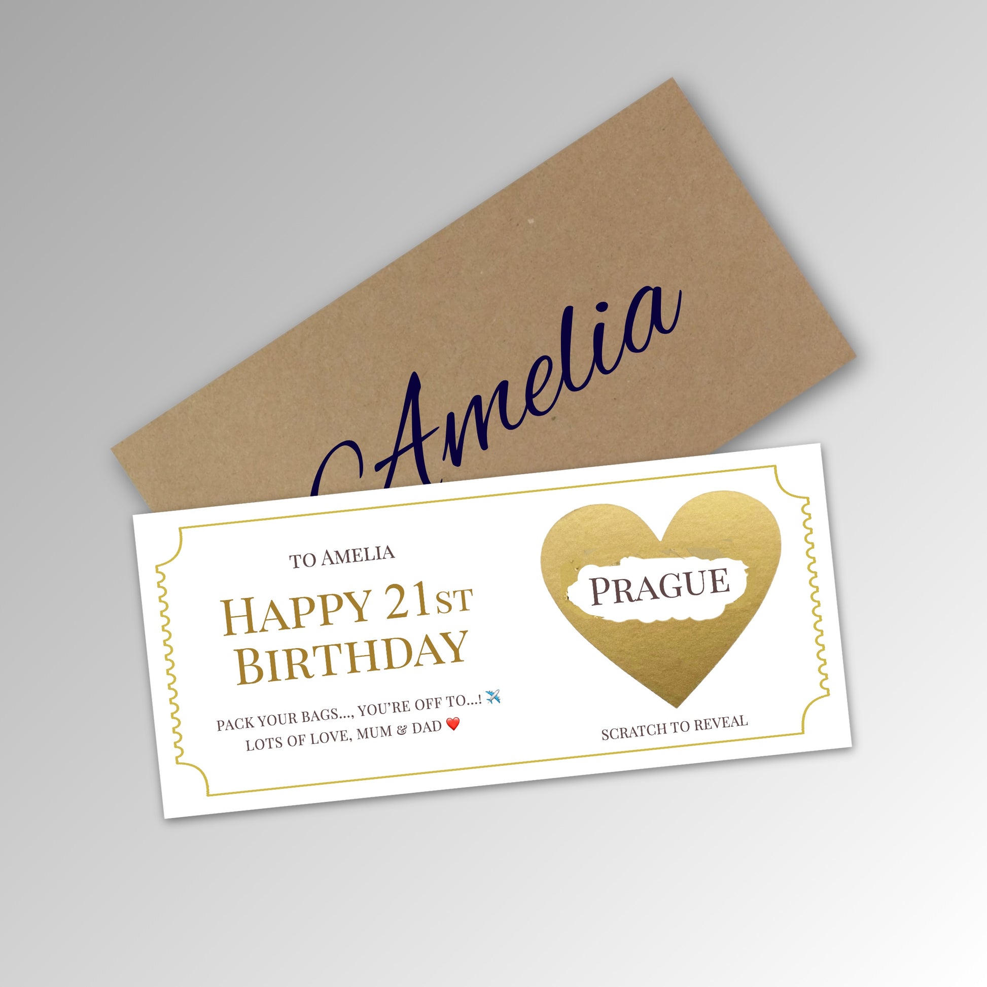 Personalised Birthday Scratch Reveal Ticket with Envelope Options - Classic Kraft Envelope with GOLD Card (With Name)