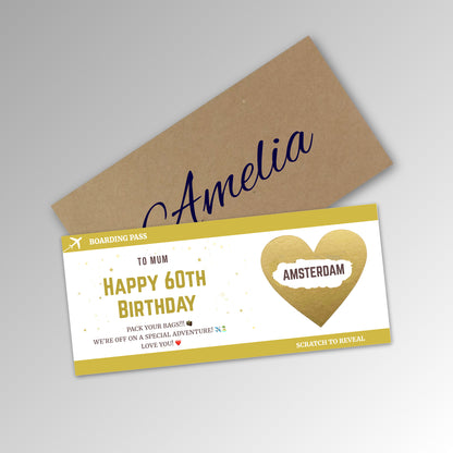 Personalised Birthday Boarding Pass Scratch Reveal Card - Classic Kraft Envelope with GOLD Card (With Name)