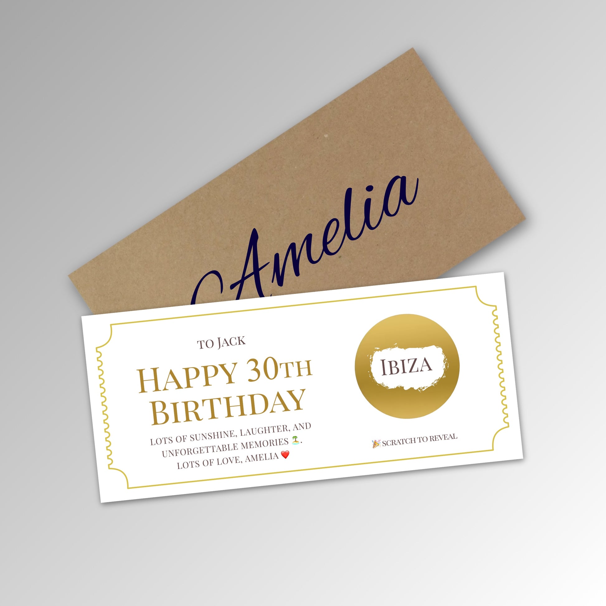 Personalised Birthday or Christmas Scratch Reveal Card - Classic Kraft Envelope with GOLD Card (With Name)