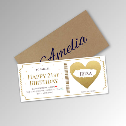 Personalised Scratch Off Surprise Ticket Card - Classic Kraft Envelope with GOLD Card (With Name)