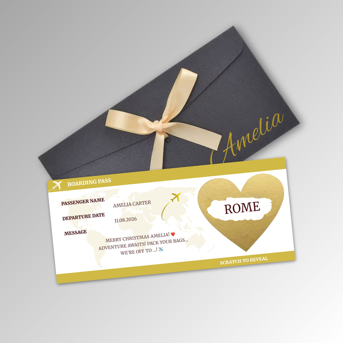 Personalised Boarding Pass Scratch Reveal Card - Premium Black Envelope with GOLD Card (With Name)