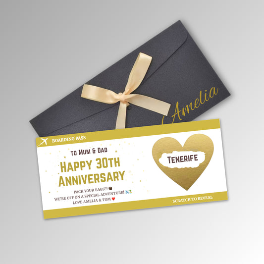 Personalised Anniversary Boarding Pass Scratch Reveal Card - Premium Black Envelope with GOLD Card (With Name)