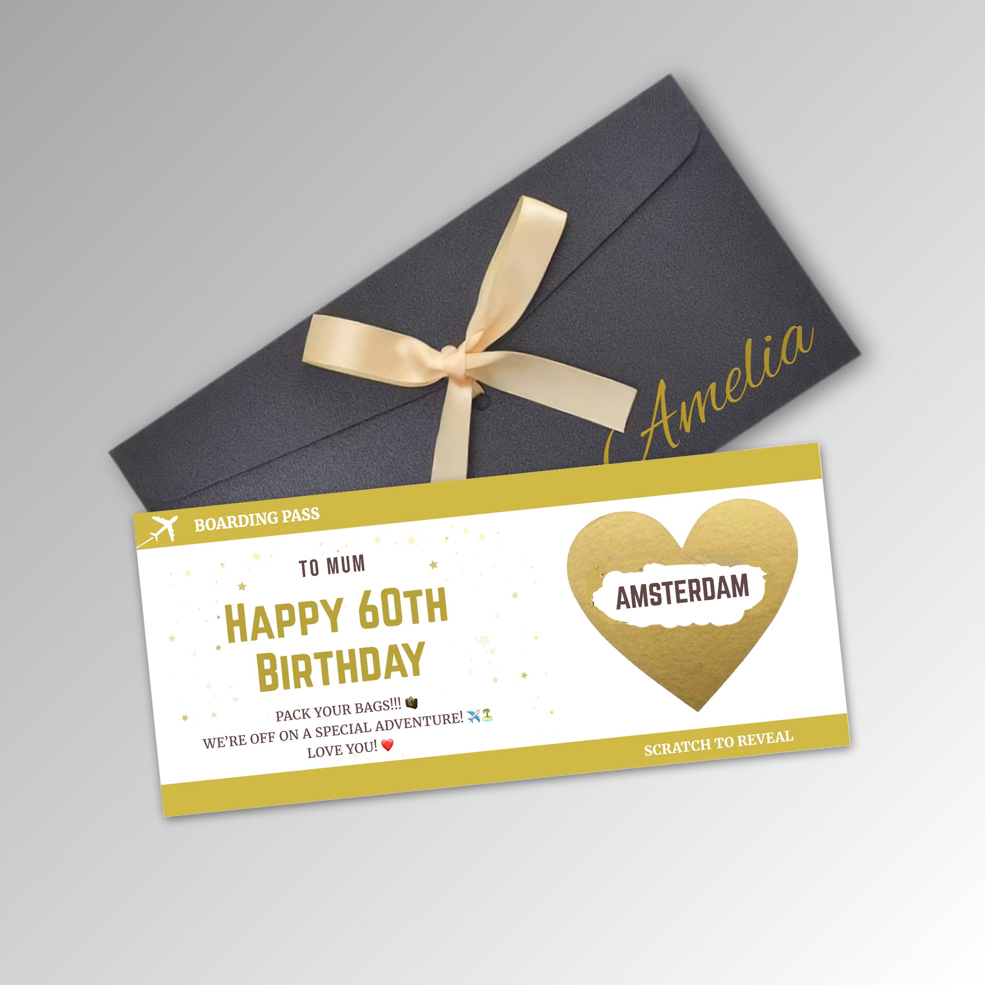 Personalised Birthday Boarding Pass Scratch Reveal Card - Premium Black Envelope with GOLD Card (With Name)