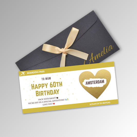 Personalised Birthday Boarding Pass Scratch Reveal Card - Premium Black Envelope with GOLD Card (With Name)
