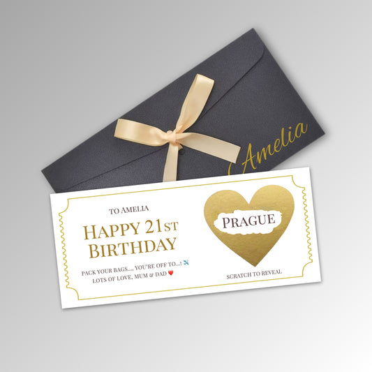 Personalised Birthday Scratch Reveal Ticket with Envelope Options - Premium Black Envelope with GOLD Card (With Name)
