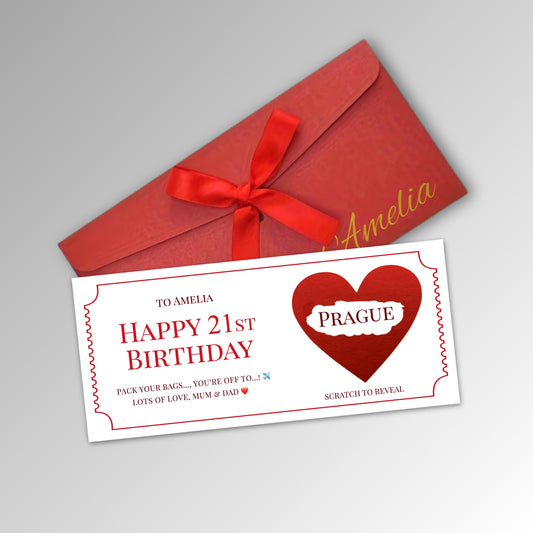 Personalised Birthday Scratch Reveal Ticket with Envelope Options - Premium Red Envelope with RED Card (With Name)