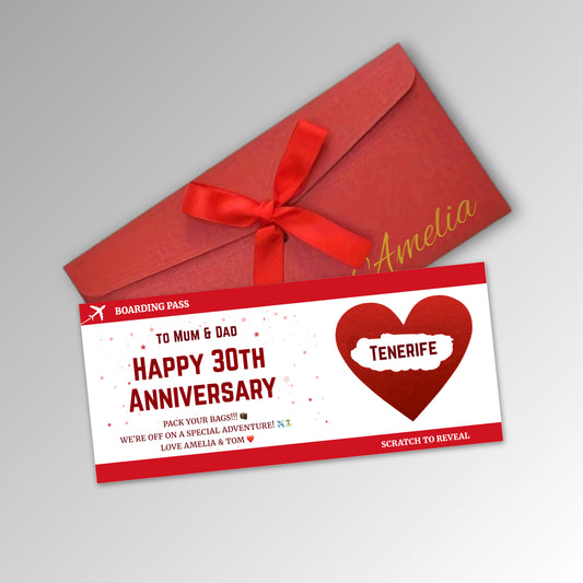 Personalised Anniversary Boarding Pass Scratch Reveal Card - Premium Red Envelope with RED Card (With Name)