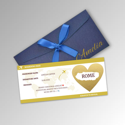 Personalised Boarding Pass Scratch Reveal Card - Premium Blue Envelope with GOLD Card (With Name)