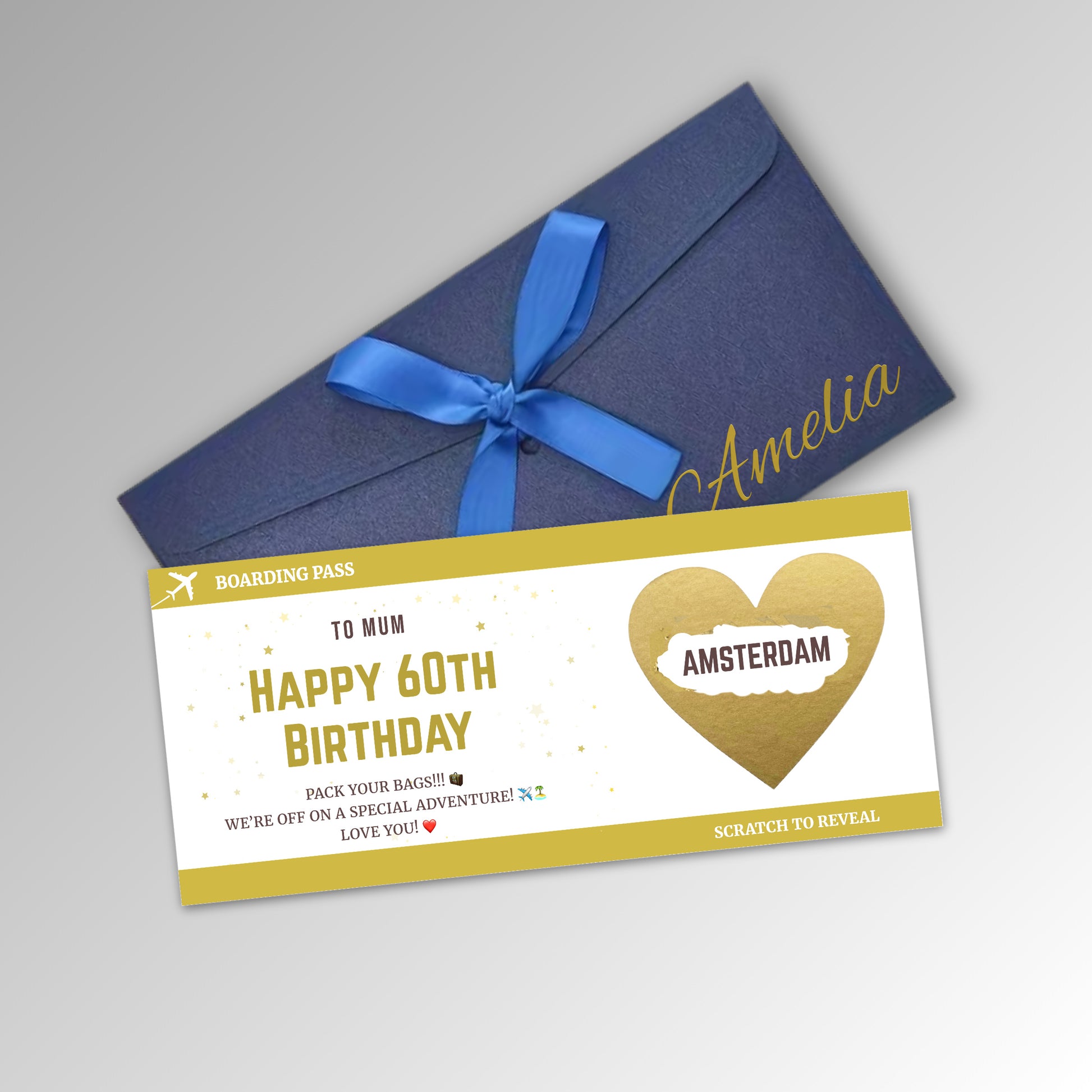 Personalised Birthday Boarding Pass Scratch Reveal Card - Premium Blue Envelope with GOLD Card (With Name)