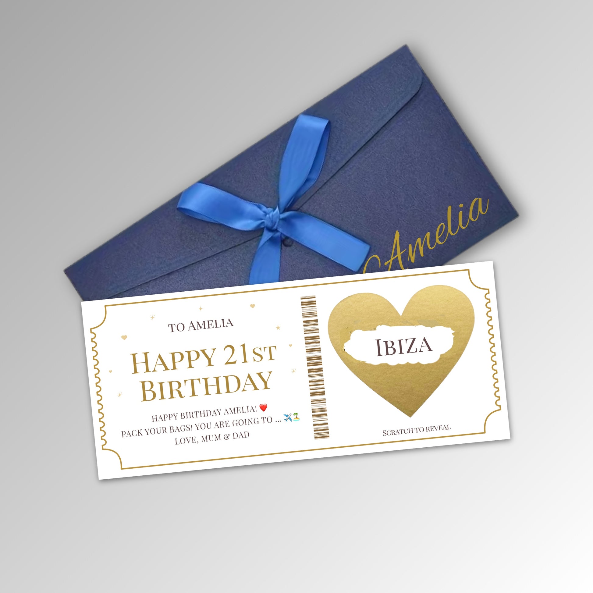Personalised Scratch Off Surprise Ticket Card - Premium Blue Envelope with GOLD Card (With Name)