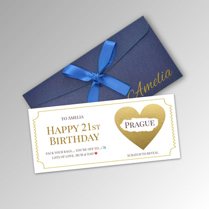 Personalised Birthday Scratch Reveal Ticket with Envelope Options - Premium Blue Envelope with GOLD Card (With Name)