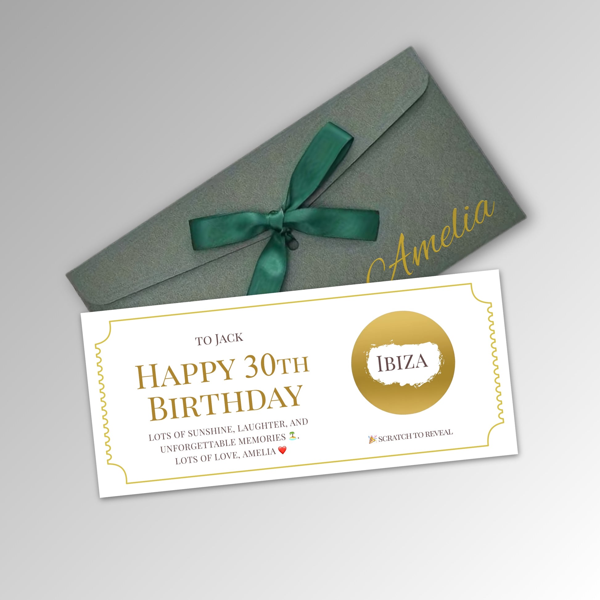 Personalised Birthday or Christmas Scratch Reveal Card - Premium Green Envelope with GOLD Card (With Name)