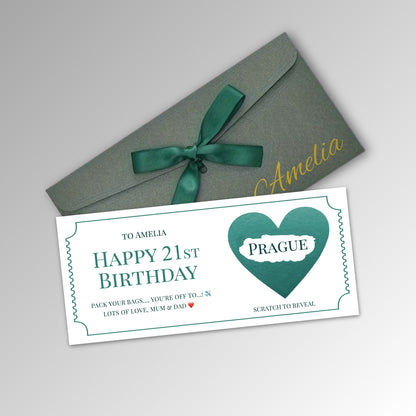 Personalised Birthday Scratch Reveal Ticket with Envelope Options - Premium Green Envelope with TEAL Card (With Name)