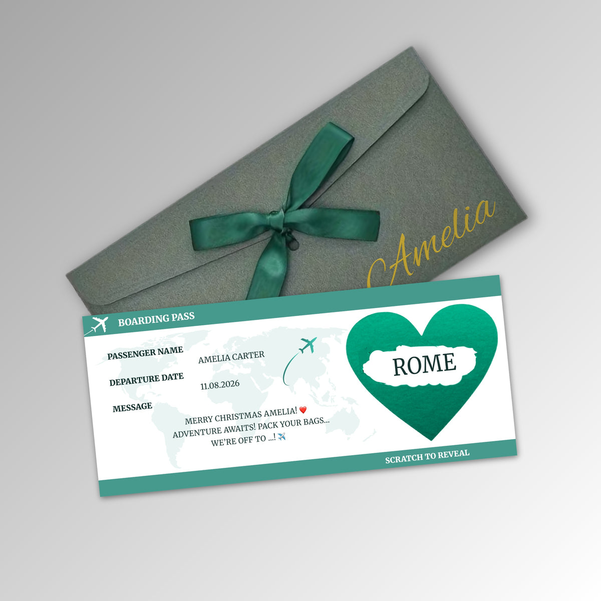 Personalised Boarding Pass Scratch Reveal Card - Premium Green Envelope with TEAL Card (With Name)