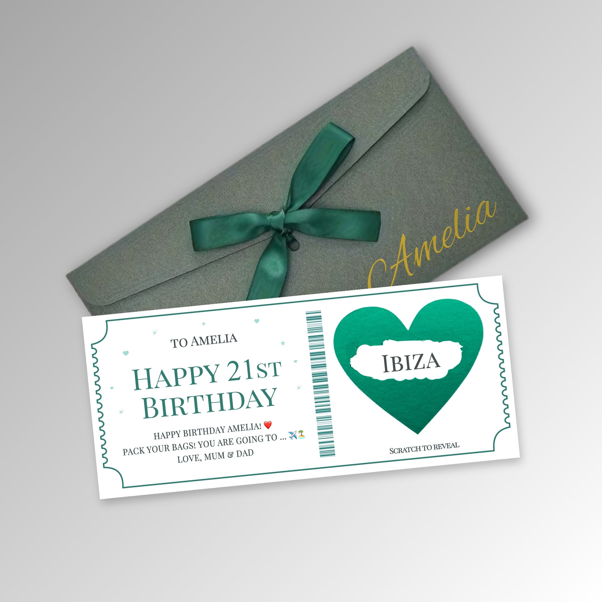 Personalised Scratch Off Surprise Ticket Card - Premium Green Envelope with TEAL Card (With Name)