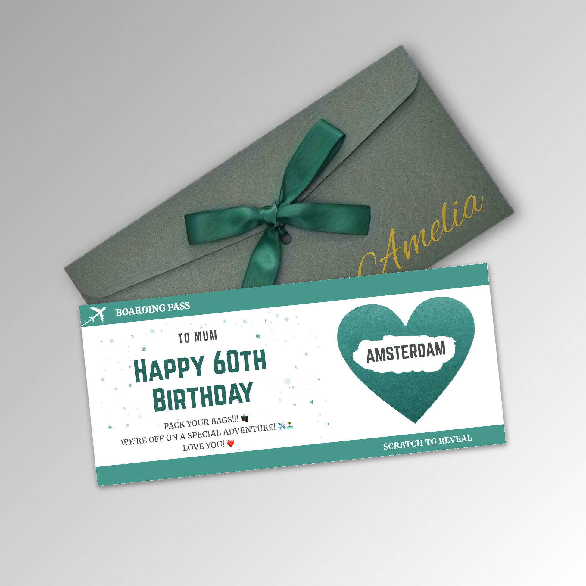 Personalised Birthday Boarding Pass Scratch Reveal Card - Premium Green Envelope with TEAL Card (With Name)