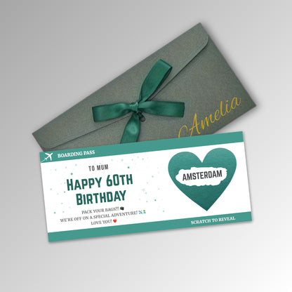 Personalised Birthday Boarding Pass Scratch Reveal Card - Premium Green Envelope with TEAL Card (With Name)