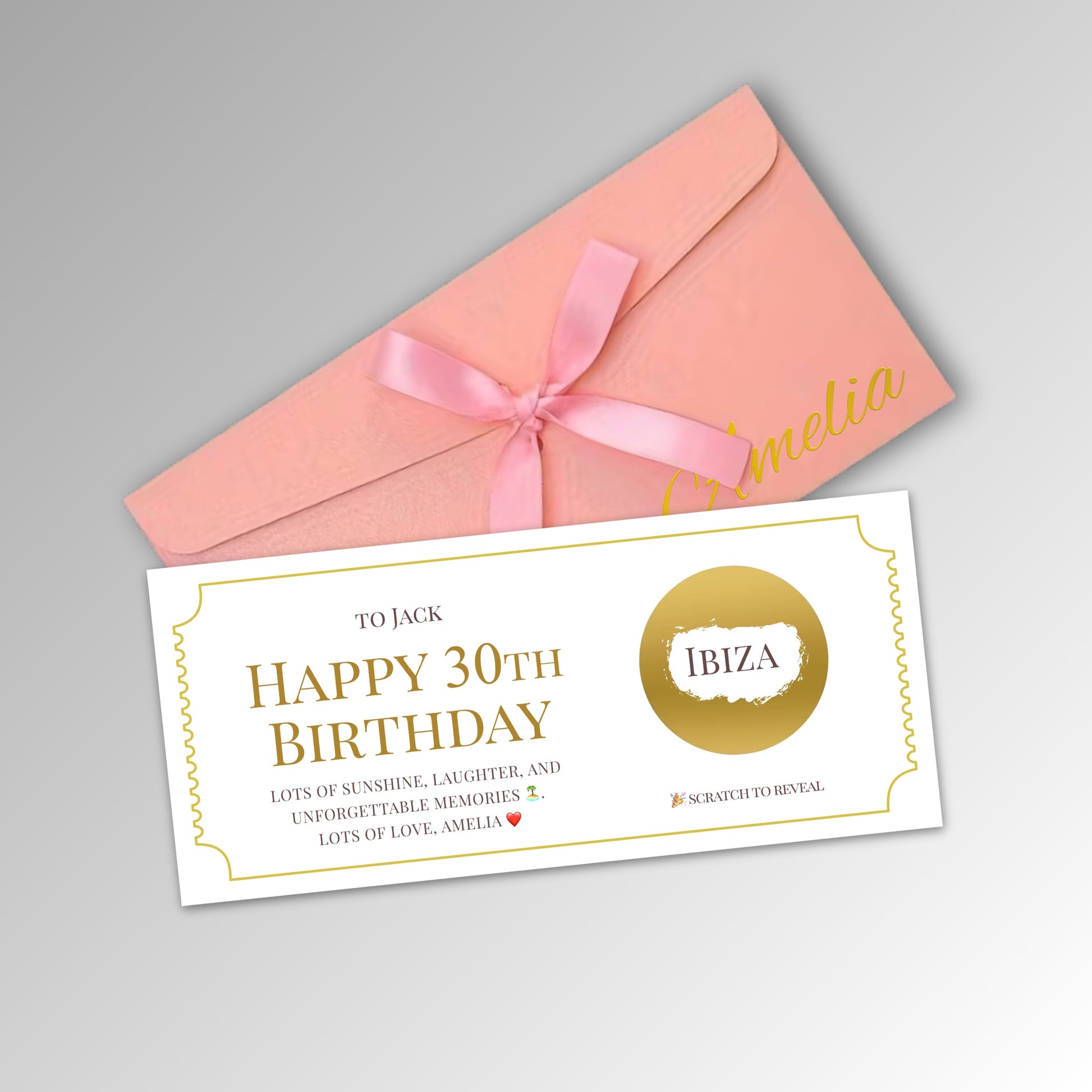 Personalised Birthday or Christmas Scratch Reveal Card - Premium Pink Envelope with GOLD Card (With Name)