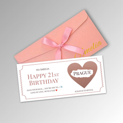Personalised Birthday Scratch Reveal Ticket with Envelope Options - Premium Pink Envelope with ROSE GOLD Card (With Name)