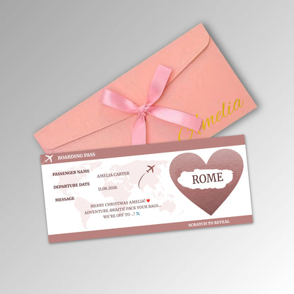 Personalised Boarding Pass Scratch Reveal Card - Premium Pink Envelope with ROSE GOLD Card (With Name)