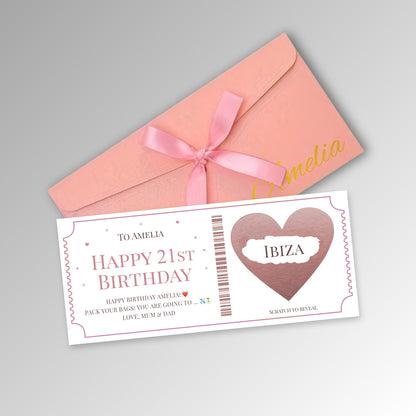 Personalised Scratch Off Surprise Ticket Card - Premium Pink Envelope with ROSE GOLD Card (With Name)