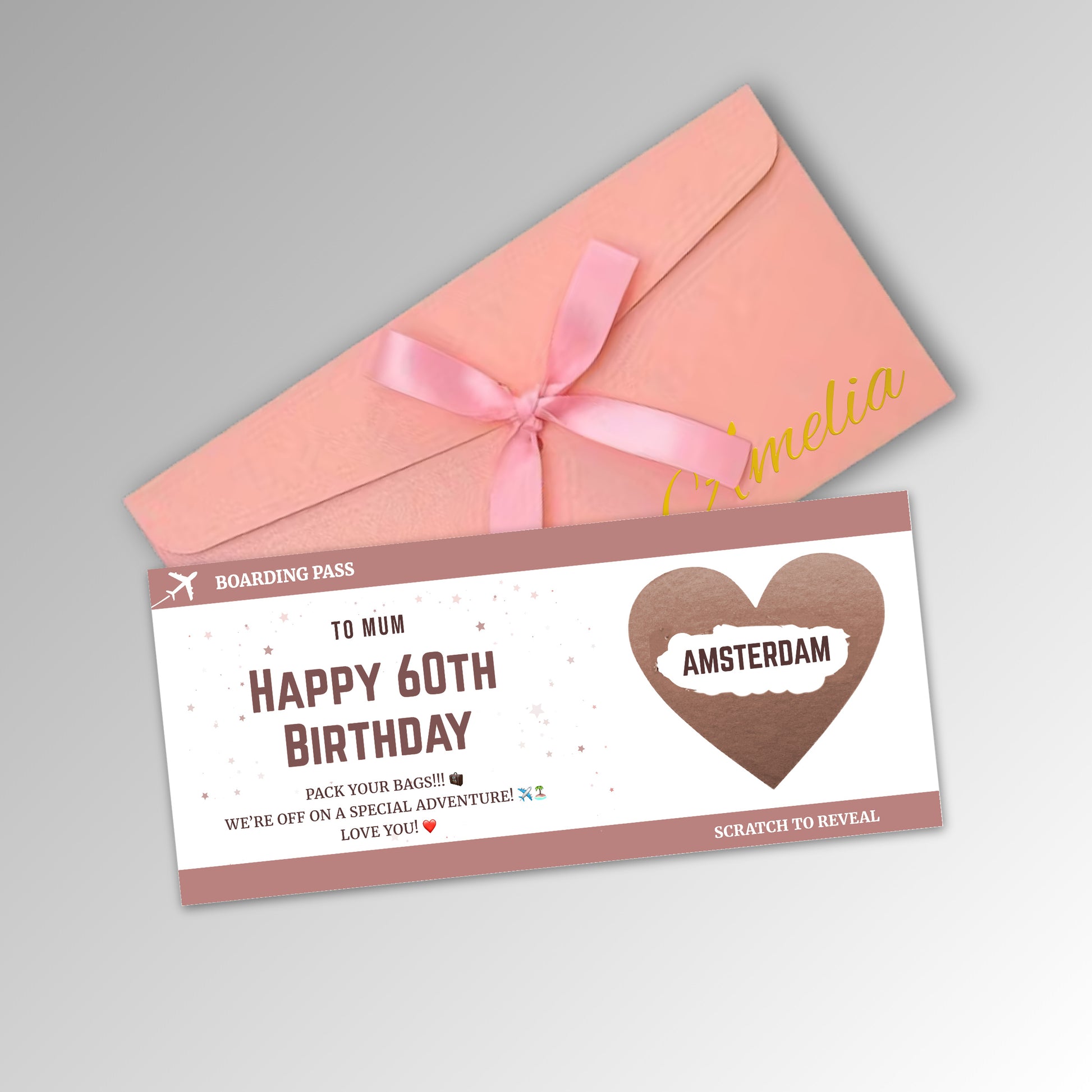 Personalised Birthday Boarding Pass Scratch Reveal Card - Premium Pink Envelope with ROSE GOLD Card (With Name)
