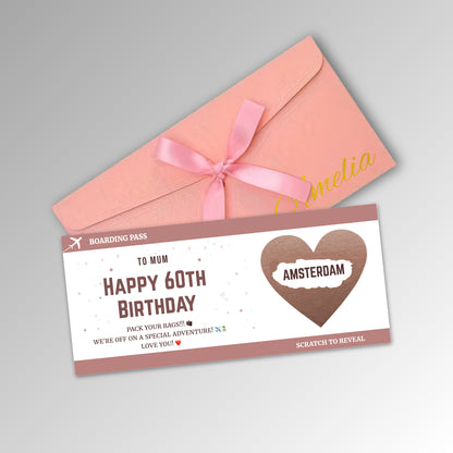 Personalised Birthday Boarding Pass Scratch Reveal Card - Premium Pink Envelope with ROSE GOLD Card (With Name)