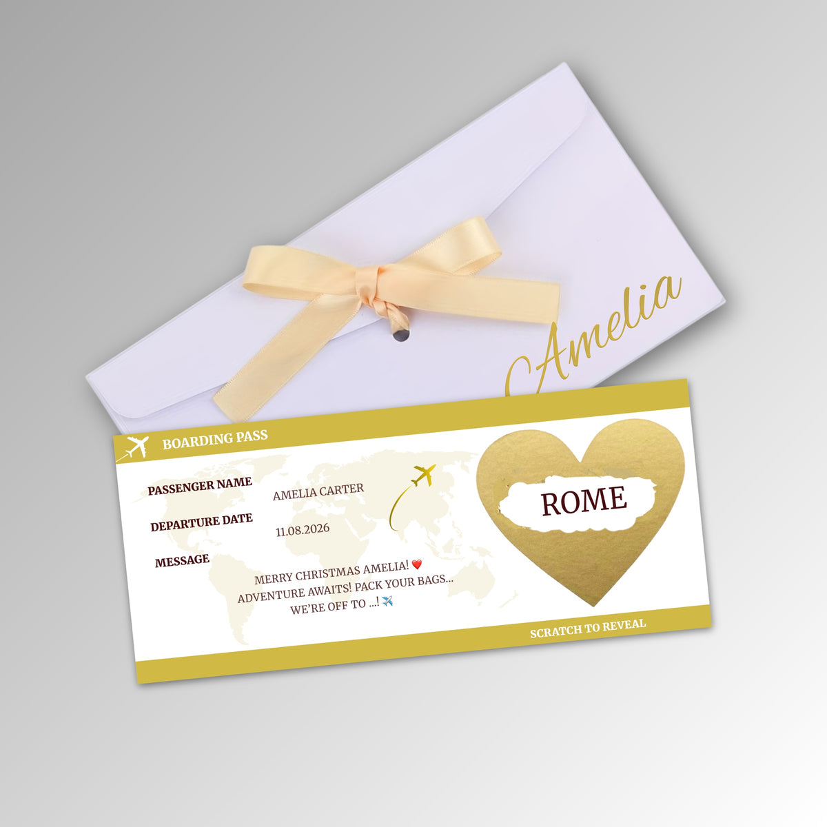 Personalised Boarding Pass Scratch Reveal Card - Premium White Envelope with GOLD Card (With Name)